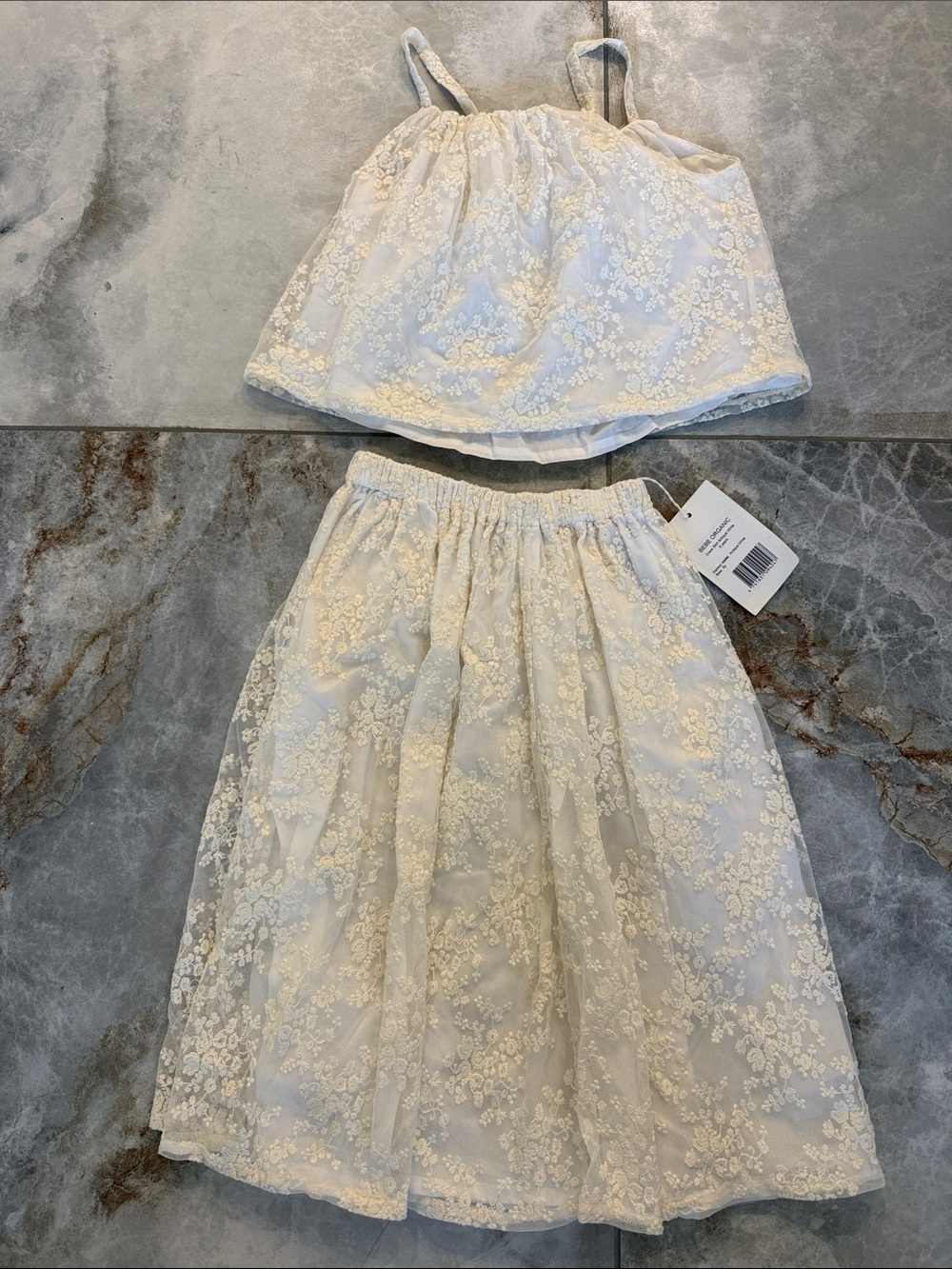 Girls Cream Lace Two-Piece Matching Set - Elegant Tank Top & Skirt